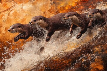 Obraz premium Four otters playfully leap over a cascading waterfall, creating a splash of water against a warm, earthy backdrop.