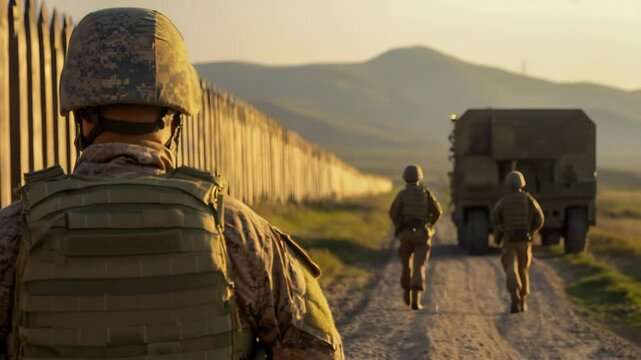 Soldiers patrolling a border in a scenic landscape at sunset, showcasing unity and vigilance in duty and service.