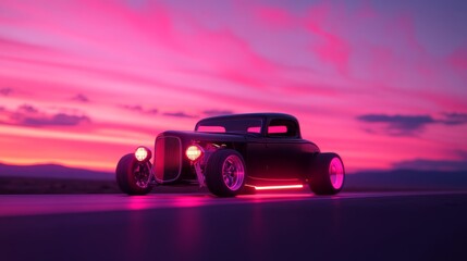 Classic hot rod under a vibrant pink sunset sky on an open road