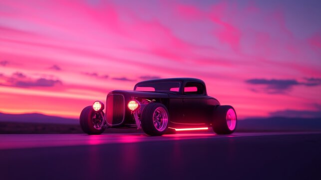 Classic hot rod under a vibrant pink sunset sky on an open road - Powered by Adobe