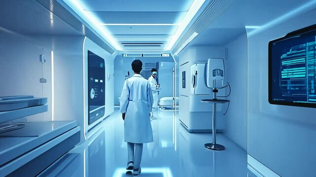 Futuristic medical center hallway with doctors, showcasing advanced technology and clean aesthetic