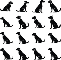 Vector illustration of black Labrador retrievers in a sitting position on white background featuring simple minimalist silhouette style