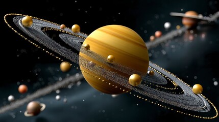 Naklejka premium Majestic Saturn with Glowing Rings Surrounded by Distant Planets in a Dark Cosmic Space