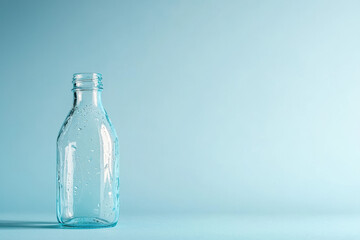 Obraz premium Minimalist Mockup of Glass Bottle with Water Droplet – Brand Photography on Soft Blue Background