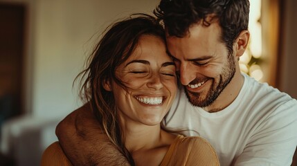 A couple joyfully embraces indoors after a long journey, their genuine smiles illuminated by warm lighting, reflecting love and relief.