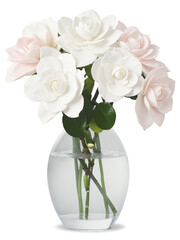 Fototapeta premium Ethereal Beauty (Gardenias Eustomas Camellias) wide, elegant glass vase with pearl-tinted water, holding a delicate bouquet of white