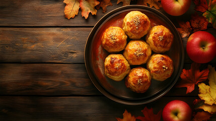 Autumn delight baked buns rustic wooden surface leaves and apples arrangement