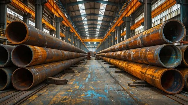 A symmetrical shot showcases rows of robust industrial pipes neatly stacked inside a vast industrial storage facility.