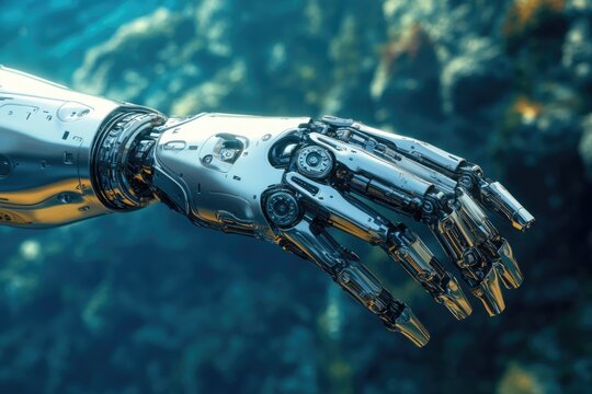 A detailed close-up of a metallic robotic hand, showcasing intricate mechanical design against a blurred teal background.