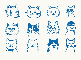 Fototapeta premium Cute blue cat heads vector sets Cartoon Feline Character Set