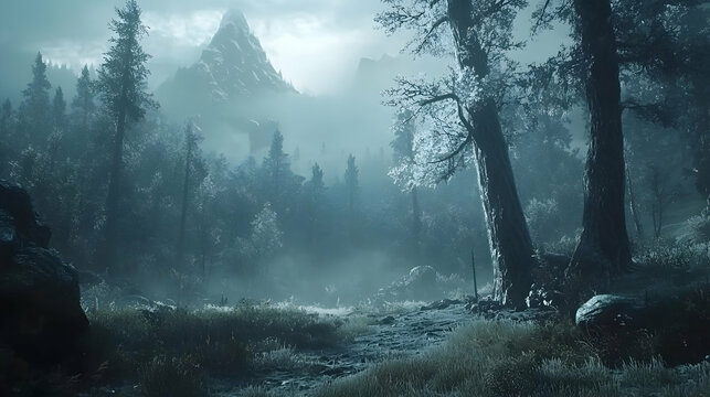 Evocative winter mountain landscape showcasing snow-covered forest and misty peaks