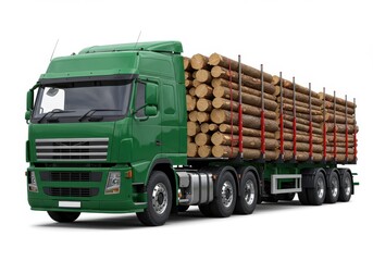 Green logging truck carrying a load of cut logs secured with red straps on a white background view from front
