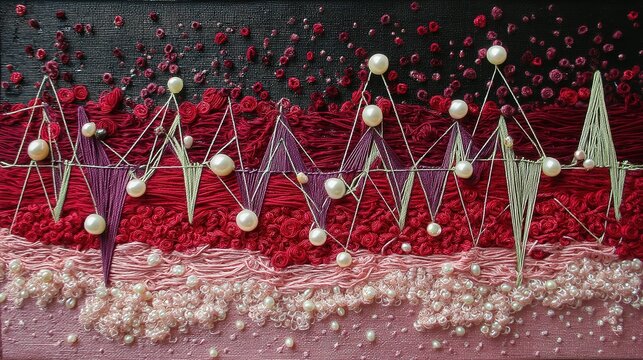 Intricate embroidered textile artwork displaying rhythmic patterns.