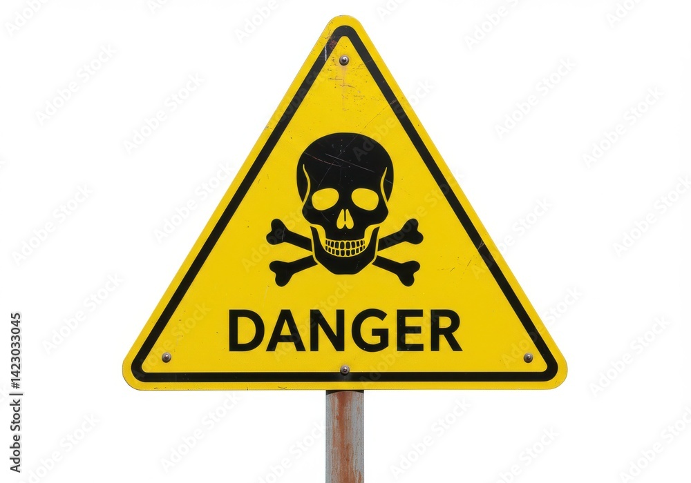 Poster a yellow triangular danger sign with a skull and crossbones on a white background is displayed here