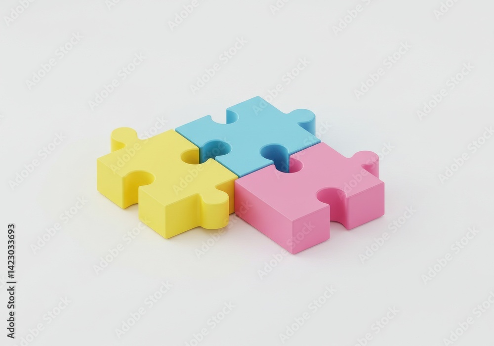 Poster a close up of three colorful puzzle pieces connected on a white surface in a studio setting view
