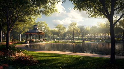Obraz premium Serene park gazebo by a tranquil pond with lush green grass and many birds swimming peacefully on a sunny day.