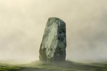 A solitary, moss-covered standing stone shrouded in morning mist, evokes mystery and ancient history.