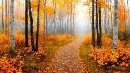 Obraz premium Enchanting autumn path through a foggy forest with birch trees and golden leaves