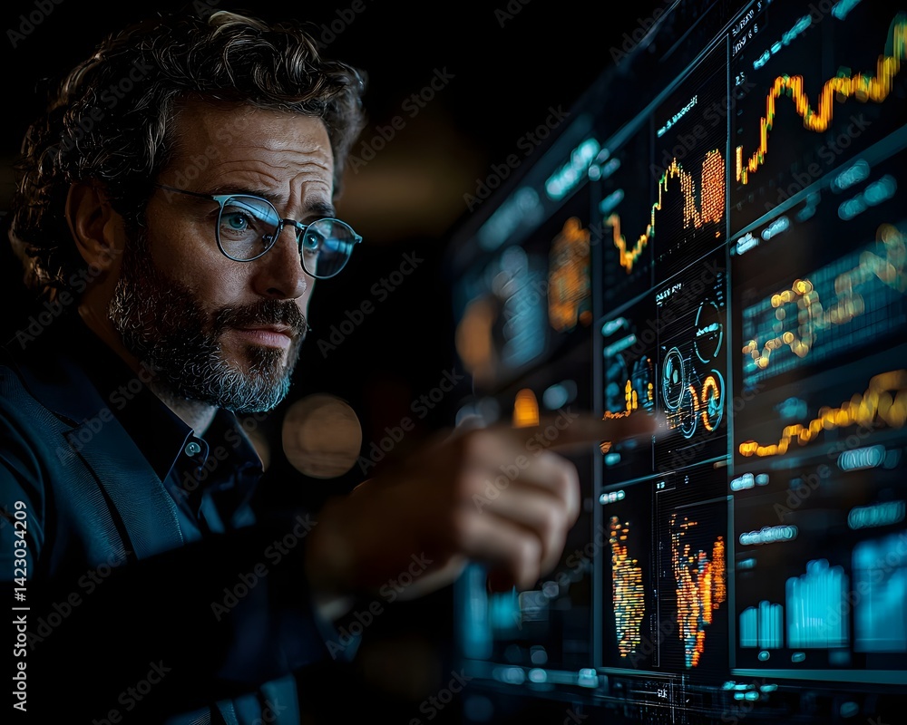 Poster serious leader addresses team in high tech office pointing to data analytics screen