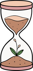 Hourglass Vector Illustration with Soil and Growing Plant Inside — Symbolic Nature and Time Concept in Flat Style for Eco-Friendly, Environmental, and Sustainable Design Projects
