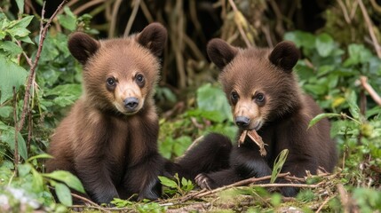 Obraz premium Two bear cubs sitting in foliage