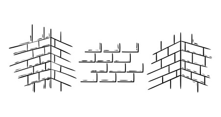 Set of brick and stone wall textures, hand drawing in doodle style