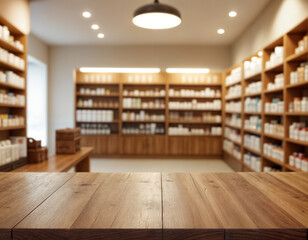 Empty wooden table in white season with blurred pharmacy interior as background