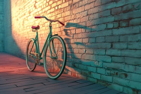 A teal vintage bicycle leans against a warm-lit brick wall, casting a shadow. - Powered by Adobe