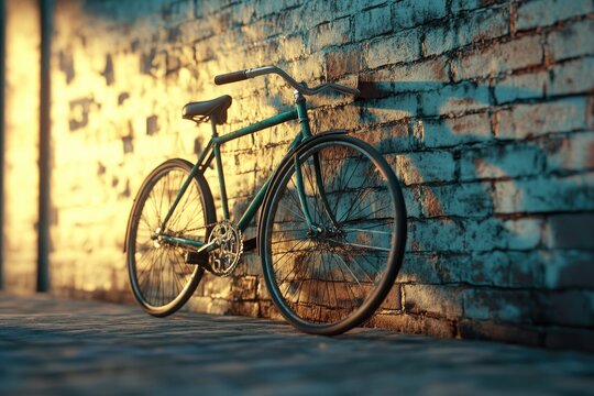 A vintage teal bicycle leans against a weathered brick wall, bathed in the warm glow of sunset. - Powered by Adobe