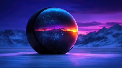 Mystical sphere reflecting a breathtaking sunset over snow-capped mountains