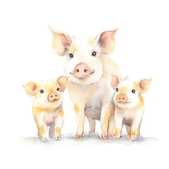 Watercolor Painting of a Pig Family Mother Pig with Two Piglets.