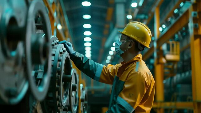 Engineers and factory managers wearing safety helmet inspect the machines in the production. inspector opened the machine to test the system to meet the standard. machine, maintenance