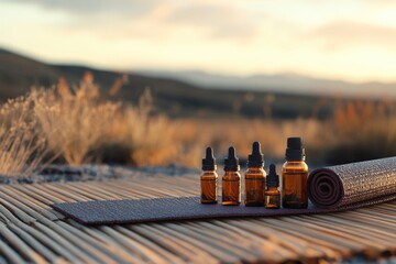 Five amber essential oil bottles sit on a yoga mat outdoors at sunset, promoting wellness and serenity.