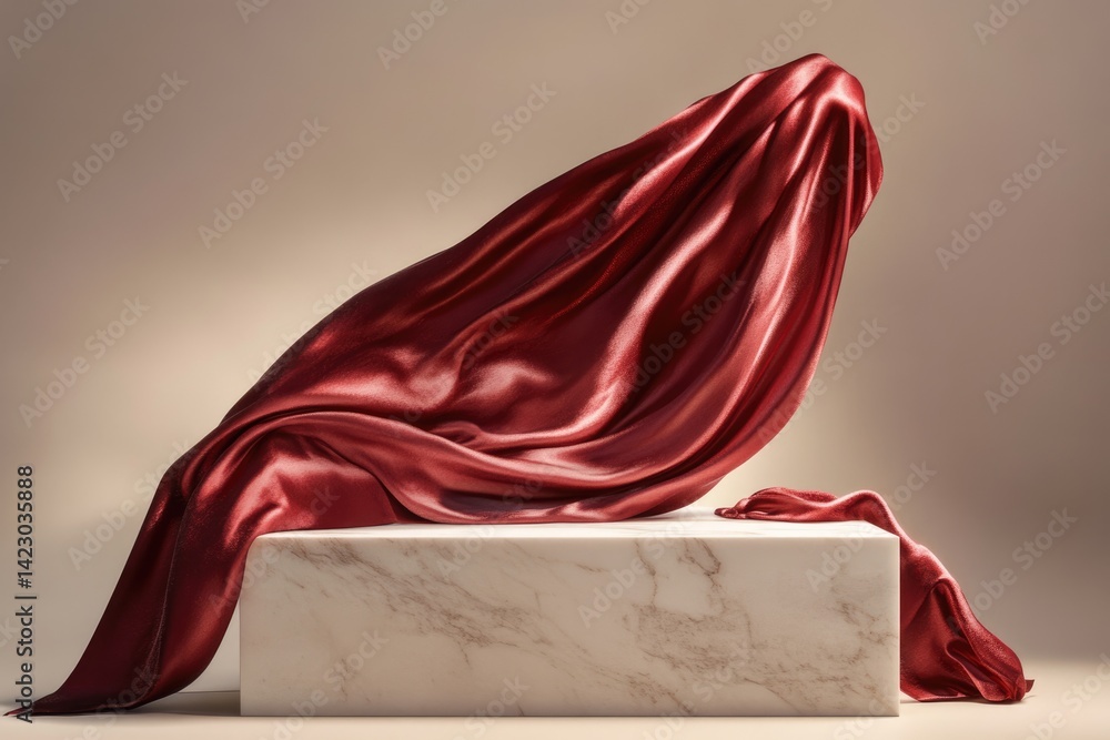 Poster crimson silk dramatically draped over a pristine marble block, creating an elegant and luxurious dis