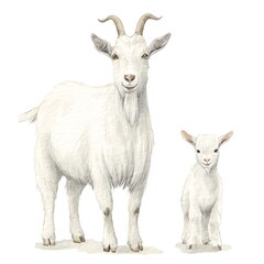 Adorable Mother Goat and Kid A Watercolor Illustration of Farm Animals.
