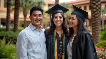 A happy graduate poses proudly with her family outside on graduation day celebrating her academic achievement.