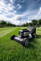 A meticulously manicured park lawn, freshly cut with a lawnmower visible in the background - Nature Patches Topiary