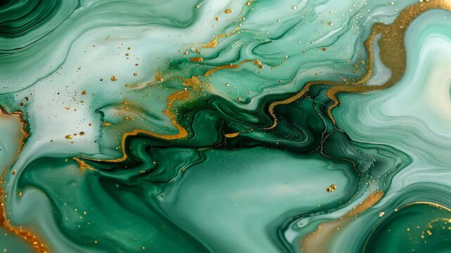 Emerald green and gold abstract, fluid artwork with marbled textures