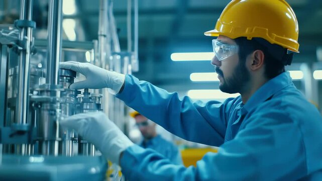 Engineers and factory managers wearing safety helmet inspect the machines in the production. inspector opened the machine to test the system to meet the standard. machine, maintenance