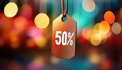 tag displaying discount hangs against a colorful blurred backdrop