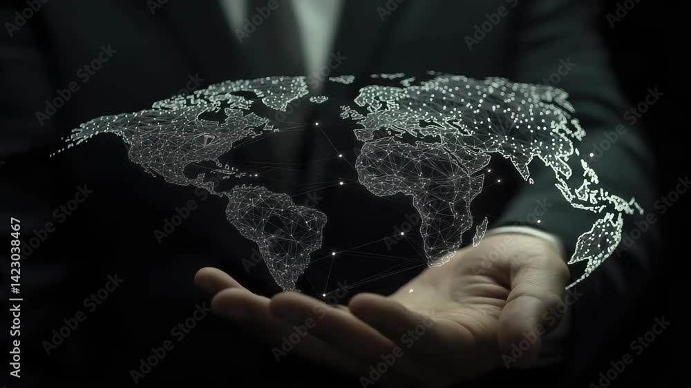 Poster digital technology, businessman holding global network connection. big data analytics and business i