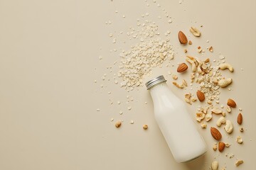 Product photography, product shot of milk bottle surrounded by various nuts and grains on light beige background, minimalist style