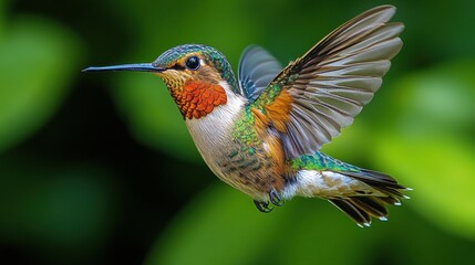 Fototapeta premium Vibrant hummingbird in mid-flight against a blurred green background.
