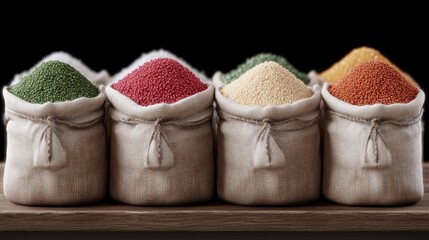 Colorful spice bags on a wooden surface