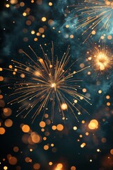 Obraz premium Golden fireworks bursting in the night sky with festive bokeh lights