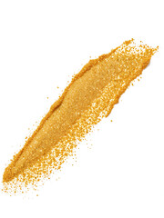 Fototapeta premium Bright gold glitter eyeshadow smear on white background. Golden sparkling dust particles texture. Perfect for cosmetic product presentation. Luxury glamour decorative make-up background for Christmas