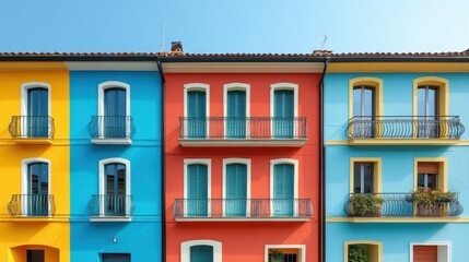 Obraz premium Vibrant, colorful row houses with balconies.