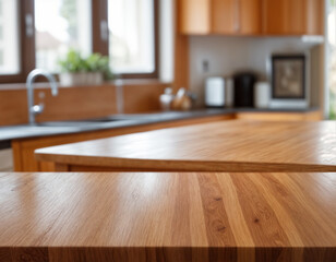 Orange Empty wooden table with the bright white interior minimal of the kitchen as a blurred background behind the bokeh golden sunshine