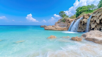 Fototapeta premium Tranquil beach with cascading waterfall. Turquoise waters meet a rocky shore, perfect for relaxation