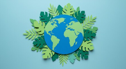 Paper Craft Earth Globe Surrounded by Tropical Leaves, Eco-Friendly Concept, Sustainability, World Environment Day